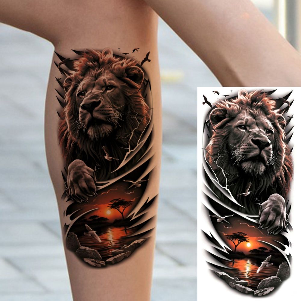 8 Sheets Lion Tiger Ship Temporary Tattoos For Women Men Adults Hands Finger Foot Neck Clavicle Shank Arm Body Art Makeup, Semi Permanent Temp Fake Tattoo Stickers Waterproof Long Lasting Realistic Tatoos For Festival Party Accessory