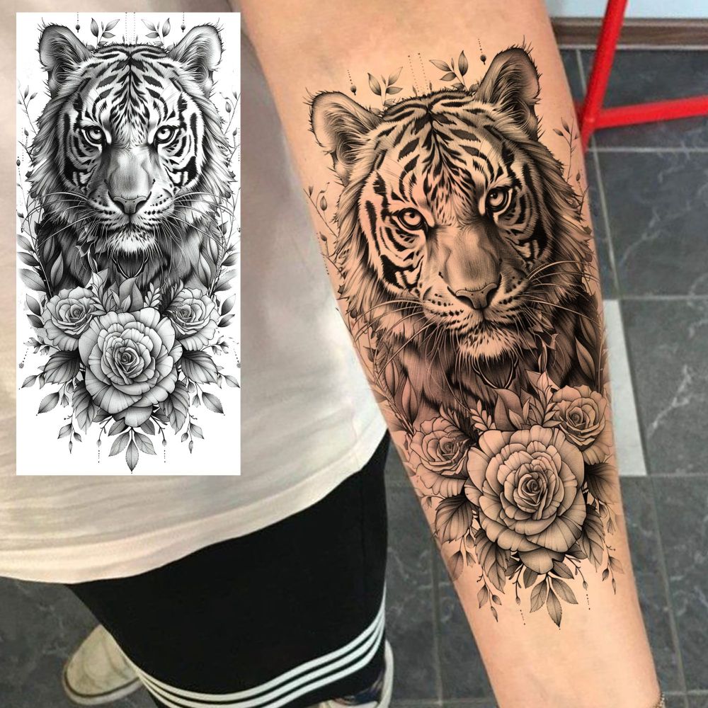 8 Sheets Tiger Temporary Tattoos For Women Men Adults Hands Finger Foot Neck Clavicle Shank Arm Body Art Makeup, Semi Permanent Temp Fake Tattoo Stickers Waterproof Long Lasting Realistic Tatoos For Festival Party Accessory