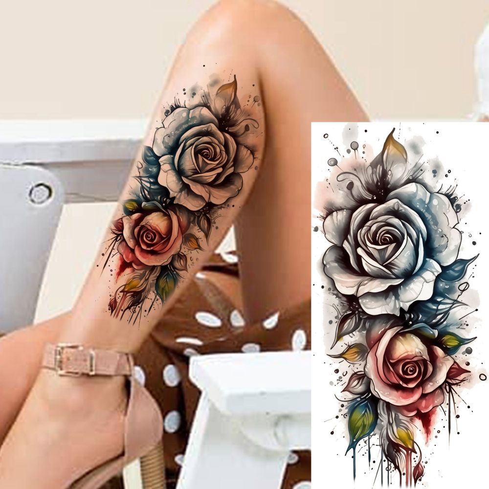 8 Sheets Rose Flowers Temporary Tattoos For Women Men Adults Hands Finger Foot Neck Clavicle Shank Arm Body Art Makeup, Semi Permanent Temp Fake Tattoo Stickers Waterproof Long Lasting Realistic Tatoos For Festival Party Accessory