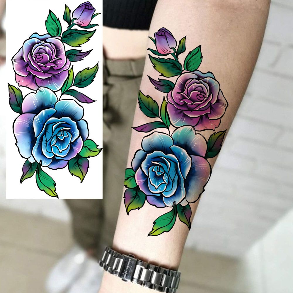 8 Sheets Rose Flowers Temporary Tattoos For Women Men Adults Hands Finger Foot Neck Clavicle Shank Arm Body Art Makeup, Semi Permanent Temp Fake Tattoo Stickers Waterproof Long Lasting Realistic Tatoos For Festival Party Accessory