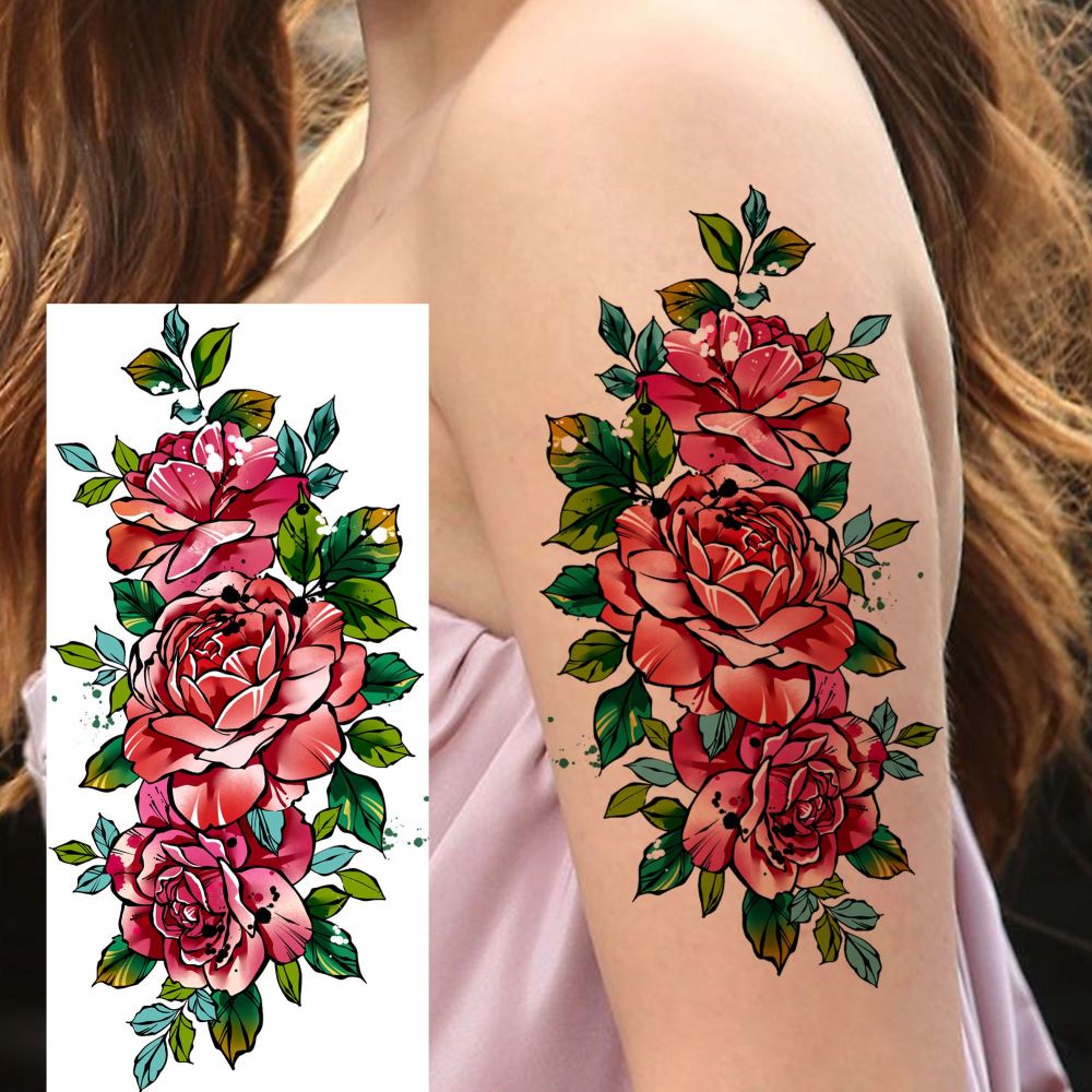 8 Sheets Rose Flowers Temporary Tattoos For Women Men Adults Hands Finger Foot Neck Clavicle Shank Arm Body Art Makeup, Semi Permanent Temp Fake Tattoo Stickers Waterproof Long Lasting Realistic Tatoos For Festival Party Accessory