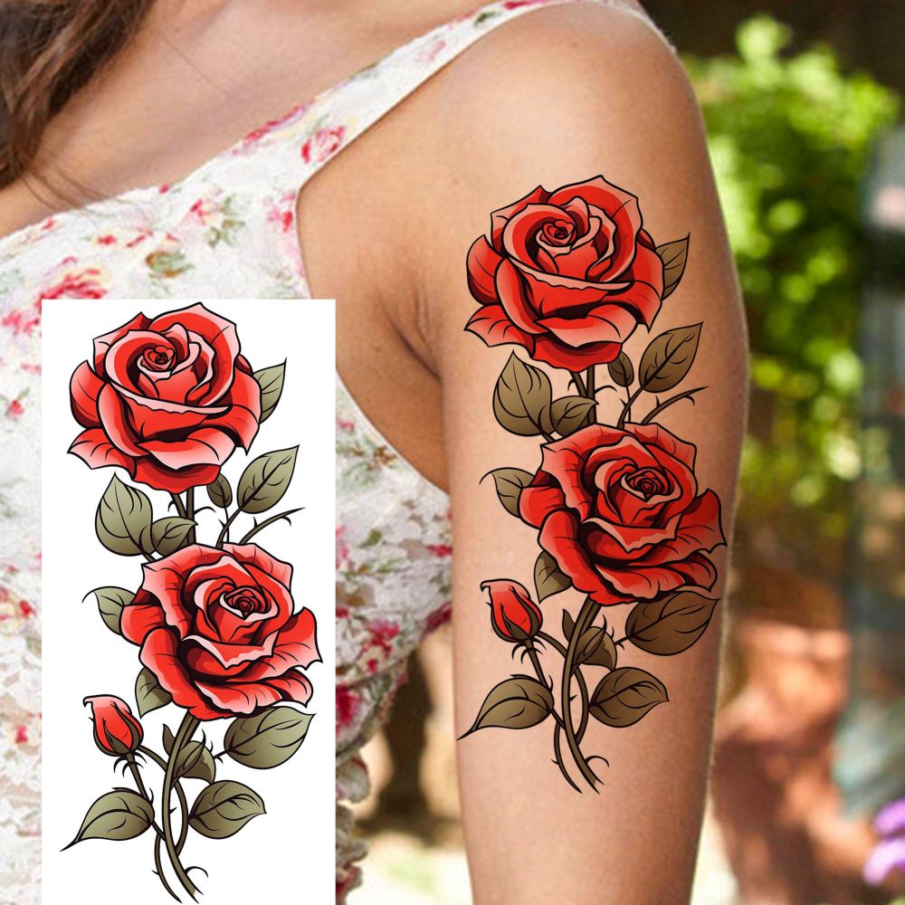 8 Sheets Rose Flowers Temporary Tattoos For Women Men Adults Hands Finger Foot Neck Clavicle Shank Arm Body Art Makeup, Semi Permanent Temp Fake Tattoo Stickers Waterproof Long Lasting Realistic Tatoos For Festival Party Accessory