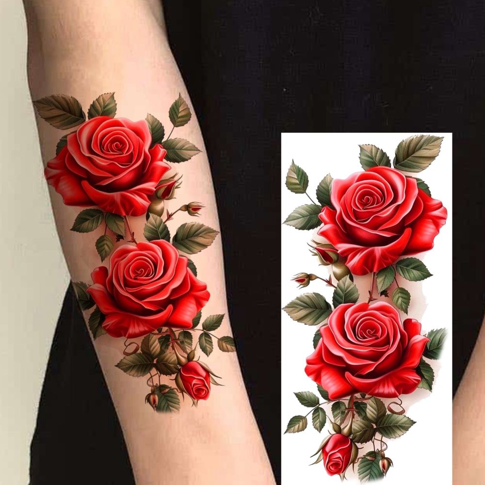 8 Sheets Rose Flowers Temporary Tattoos For Women Men Adults Hands Finger Foot Neck Clavicle Shank Arm Body Art Makeup, Semi Permanent Temp Fake Tattoo Stickers Waterproof Long Lasting Realistic Tatoos For Festival Party Accessory