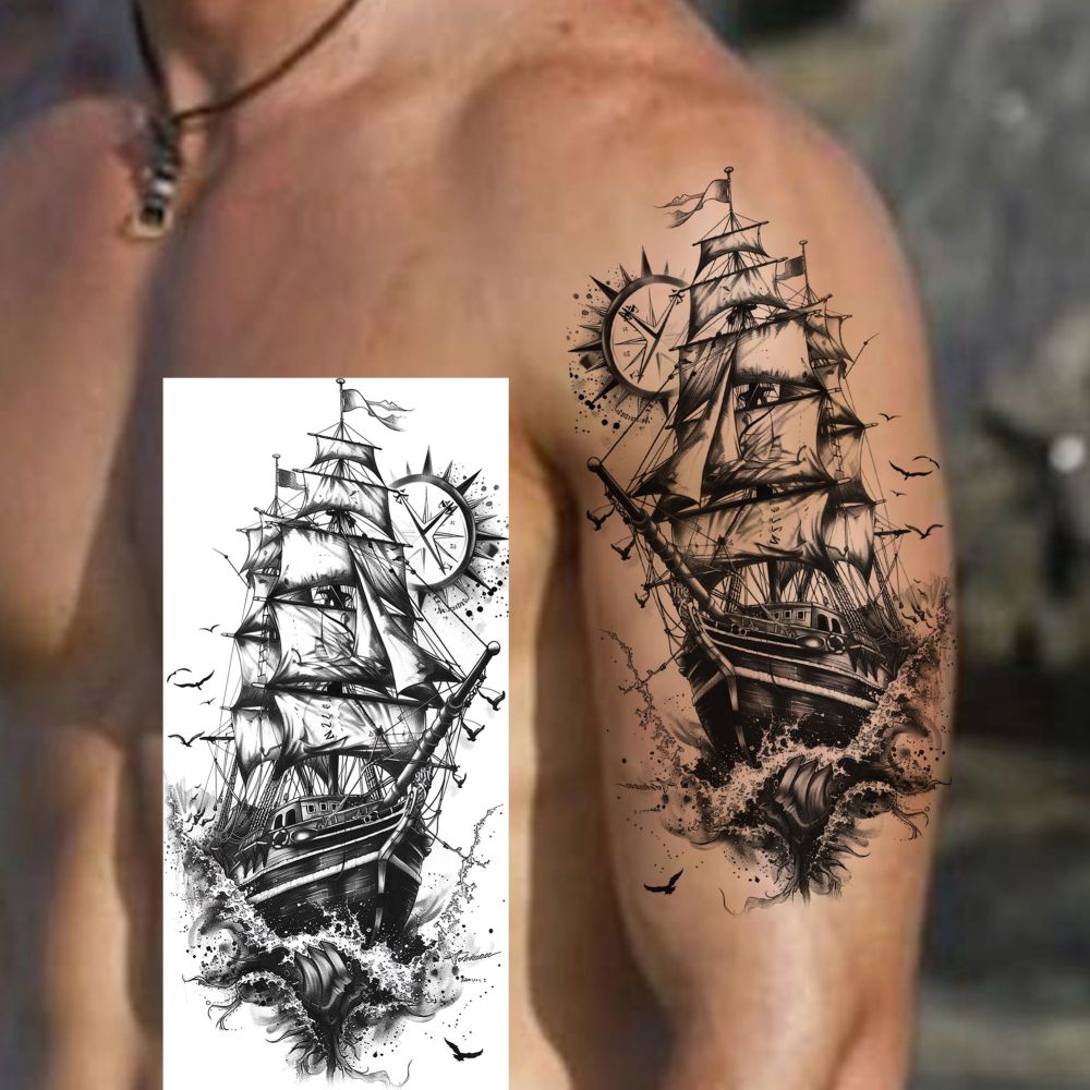 8 Sheets Ship Temporary Tattoos For Women Men Adults Hands Finger Foot Neck Clavicle Shank Arm Body Art Makeup, Semi Permanent Temp Fake Tattoo Stickers Waterproof Long Lasting Realistic Tatoos For Festival Party Accessory