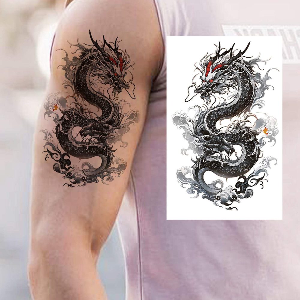6 Sheets Dragon Temporary Tattoos For Women Men Adults Hands Finger Foot Neck Clavicle Shank Arm Body Art Makeup, Semi Permanent Temp Fake Tattoo Stickers Waterproof Long Lasting Realistic Tatoos For Festival Party Accessory