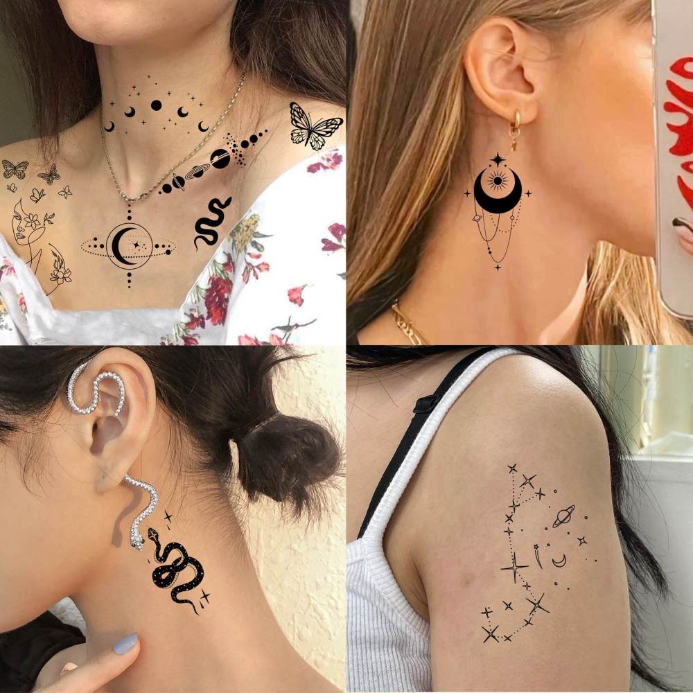 15 Sheets abstract Moon Temporary Tattoos For Women Men Adults Hands Finger Foot Neck Clavicle Legs Thigh Forearm Shank Arm Body Art Makeup, Semi Permanent Temp Fake Tattoo Stickers Waterproof Long Lasting Realistic Tatoos For Festival Party Accessory