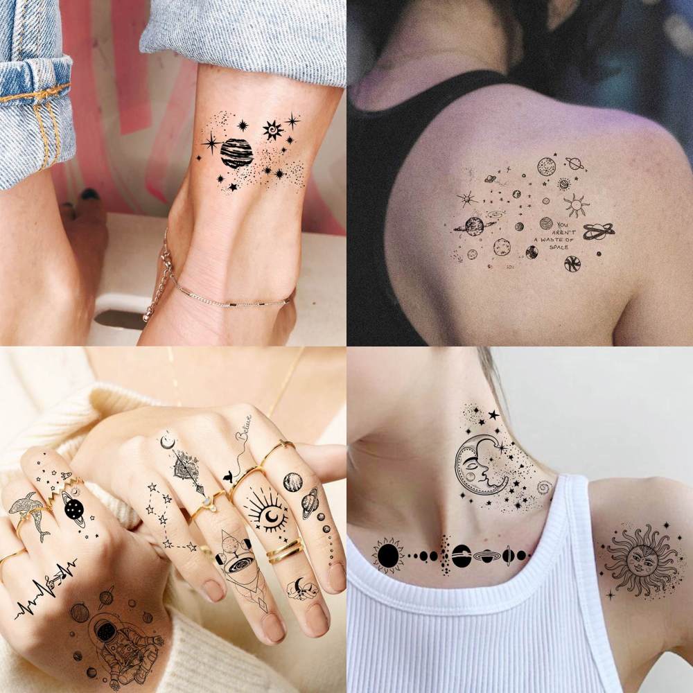 15 Sheets Outer Space Moon Temporary Tattoos For Women Men Adults Hands Finger Foot Neck Clavicle Legs Thigh Forearm Shank Arm Body Art Makeup, Semi Permanent Temp Fake Tattoo Stickers Waterproof Long Lasting Realistic Tatoos For Festival Party Accessory