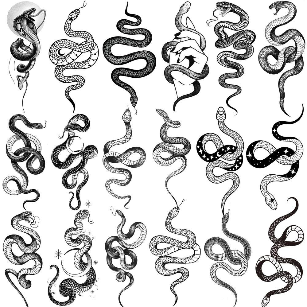 18 Sheets Cobra Snake Temporary Tattoos For Women Men Adults Kids Hands Finger Foot Neck Clavicle Shank Arm Body Art Makeup, Semi Permanent Temp Fake Tattoo Stickers Waterproof Long Lasting Realistic Tatoos For Festival Party Accessory