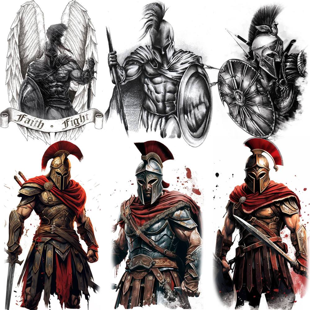 6 Sheets Spartan Warriors Temporary Tattoos For Women Men Adults Hands Finger Foot Neck Clavicle Shank Arm Body Art Makeup, Semi Permanent Temp Fake Tattoo Stickers Waterproof Long Lasting Realistic Tatoos For Festival Party Accessory