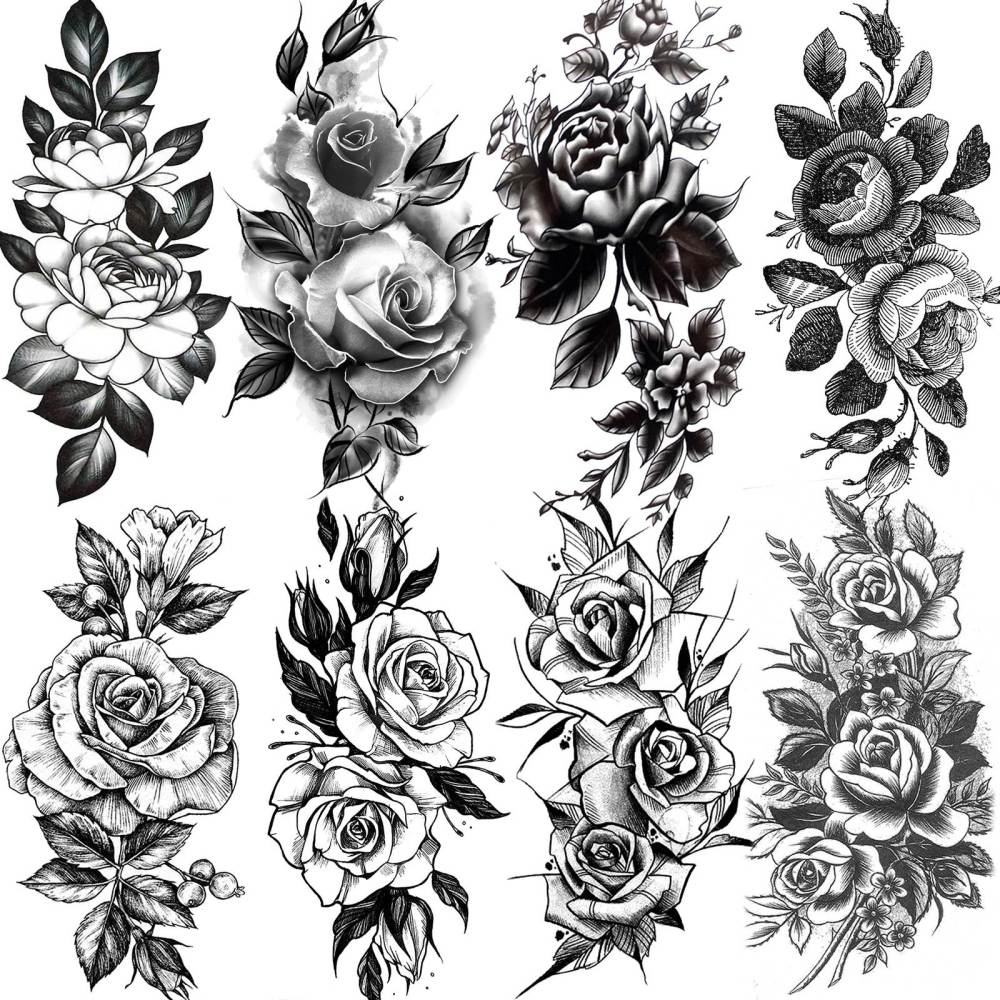 8 Sheets Flower Florals Temporary Tattoos For Women Men Adults Hands Finger Foot Neck Clavicle Shank Arm Body Art Makeup, Semi Permanent Temp Fake Tattoo Stickers Waterproof Long Lasting Realistic Tatoos For Festival Party Accessory