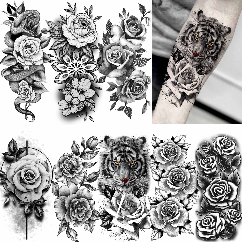 8 Sheets Tiger Flower Florals Temporary Tattoos For Women Men Adults Hands Finger Foot Neck Clavicle Shank Arm Body Art Makeup, Semi Permanent Temp Fake Tattoo Stickers Waterproof Long Lasting Realistic Tatoos For Festival Party Accessory