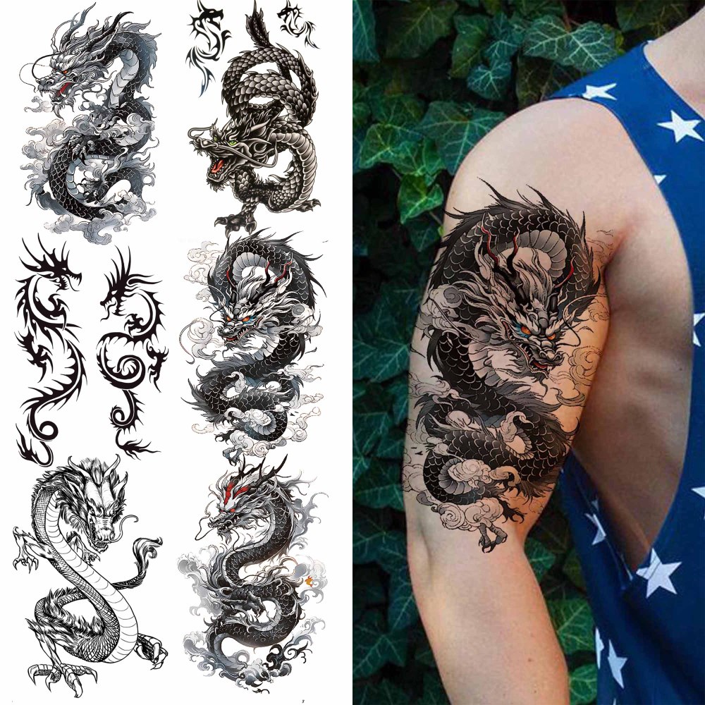 6 Sheets Dragon Temporary Tattoos For Women Men Adults Hands Finger Foot Neck Clavicle Shank Arm Body Art Makeup, Semi Permanent Temp Fake Tattoo Stickers Waterproof Long Lasting Realistic Tatoos For Festival Party Accessory