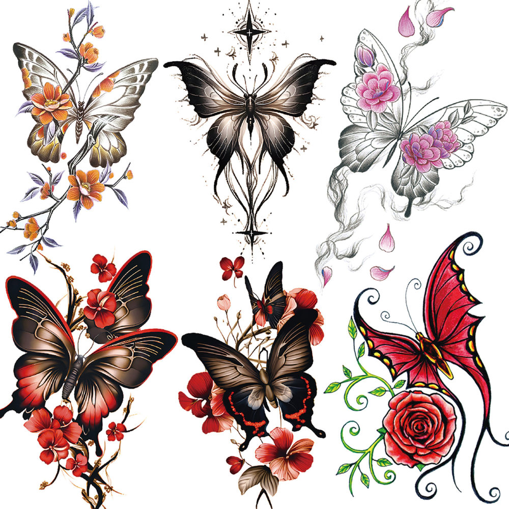 6 Sheets Butterfly Temporary Tattoos For Women Men Adults Hands Finger Foot Neck Clavicle Shank Arm Body Art Makeup, Semi Permanent Temp Fake Tattoo Stickers Waterproof Long Lasting Realistic Tatoos For Festival Party Accessory