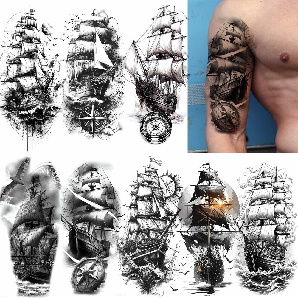 8 Sheets Ship Temporary Tattoos For Women Men Adults Hands Finger Foot Neck Clavicle Shank Arm Body Art Makeup, Semi Permanent Temp Fake Tattoo Stickers Waterproof Long Lasting Realistic Tatoos For Festival Party Accessory