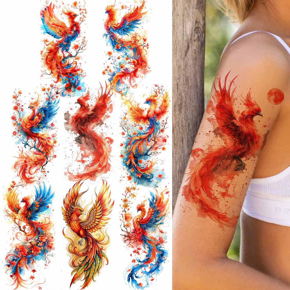 8 Sheets Phoenix Temporary Tattoos For Women Men Adults Hands Finger Foot Neck Clavicle Shank Arm Body Art Makeup, Semi Permanent Temp Fake Tattoo Stickers Waterproof Long Lasting Realistic Tatoos For Festival Party Accessory