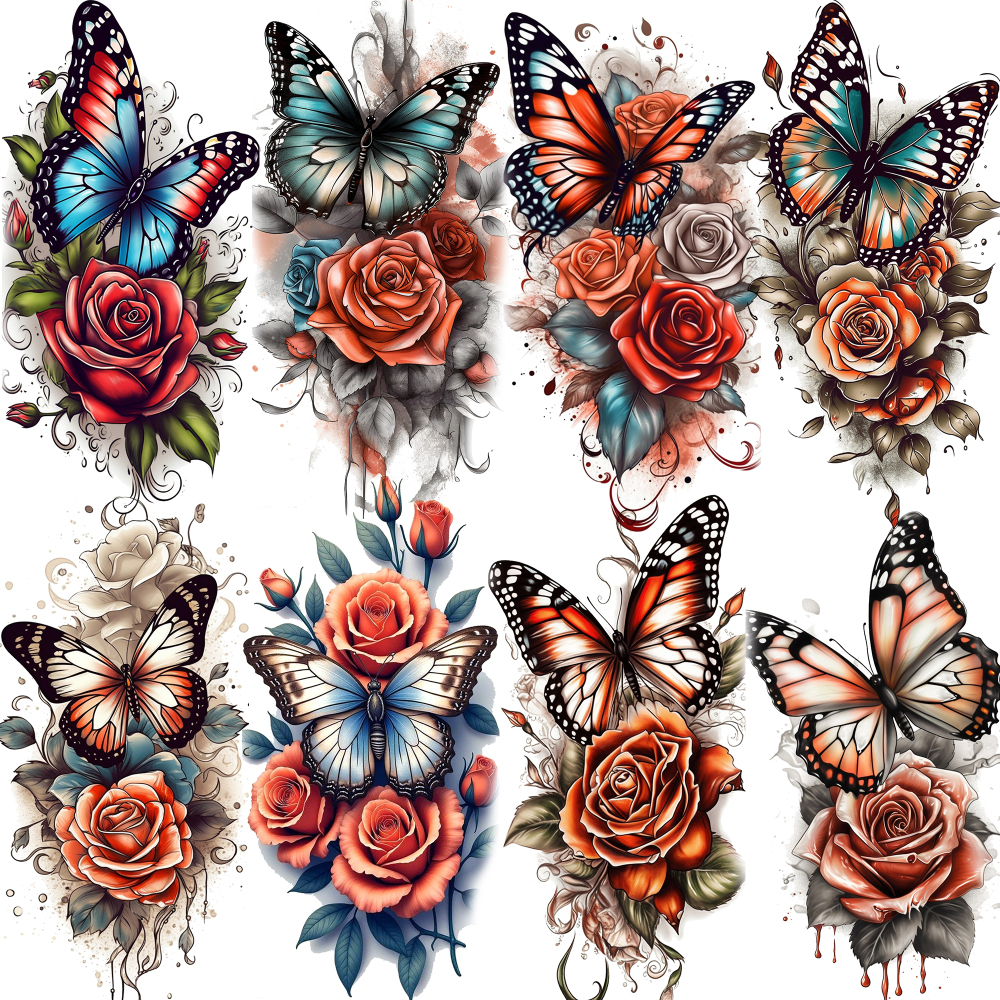 8 Sheets Butterfly Temporary Tattoos For Women Men Adults Hands Finger Foot Neck Clavicle Shank Arm Body Art Makeup, Semi Permanent Temp Fake Tattoo Stickers Waterproof Long Lasting Realistic Tatoos For Festival Party Accessory