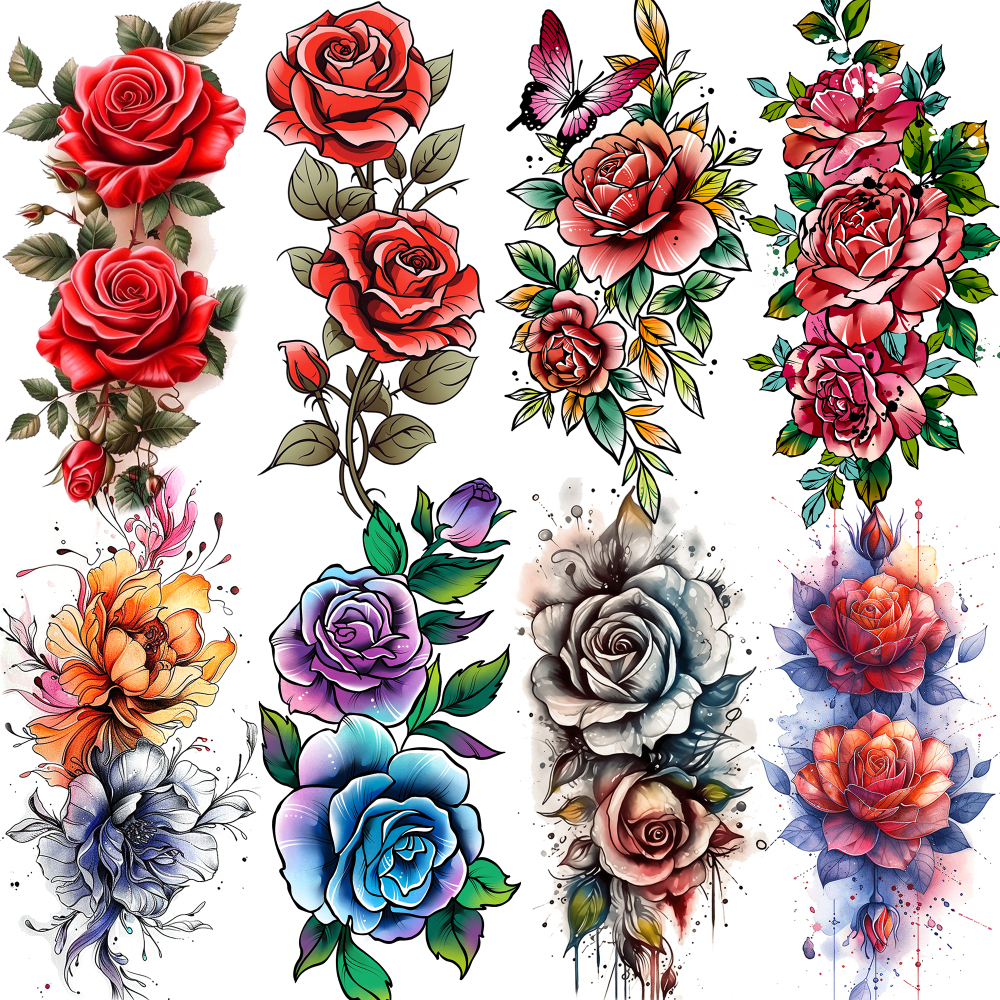 8 Sheets Rose Flowers Temporary Tattoos For Women Men Adults Hands Finger Foot Neck Clavicle Shank Arm Body Art Makeup, Semi Permanent Temp Fake Tattoo Stickers Waterproof Long Lasting Realistic Tatoos For Festival Party Accessory