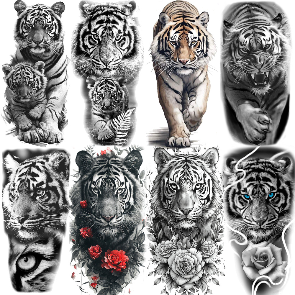 8 Sheets Tiger Temporary Tattoos For Women Men Adults Hands Finger Foot Neck Clavicle Shank Arm Body Art Makeup, Semi Permanent Temp Fake Tattoo Stickers Waterproof Long Lasting Realistic Tatoos For Festival Party Accessory