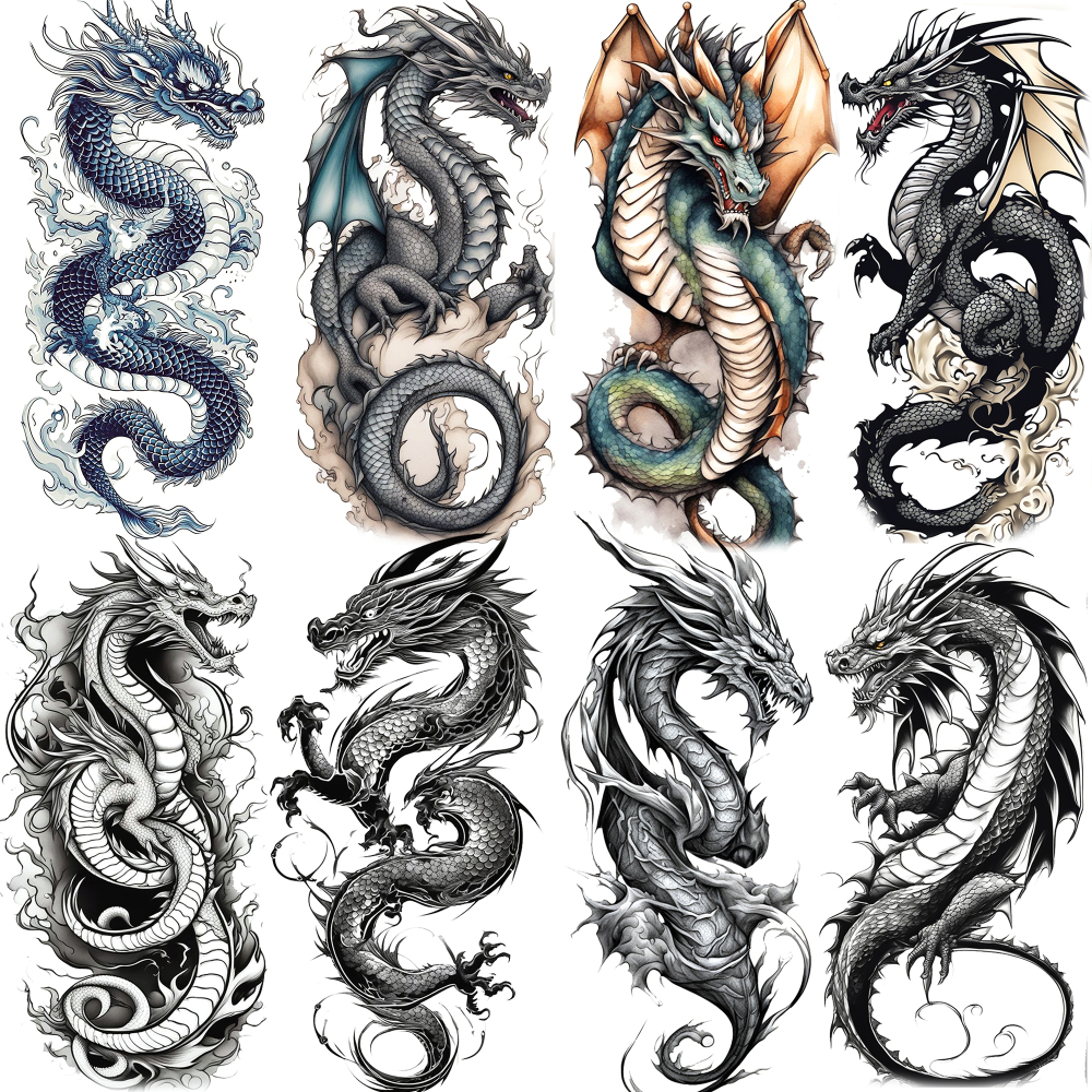 8 Sheets Dragon Temporary Tattoos For Women Men Adults Hands Finger Foot Neck Clavicle Shank Arm Body Art Makeup, Semi Permanent Temp Fake Tattoo Stickers Waterproof Long Lasting Realistic Tatoos For Festival Party Accessory