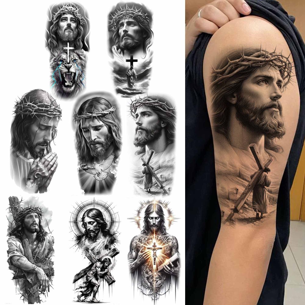 8 Sheets Jesus Christ Temporary Tattoos For Women Men Adults Hands Finger Foot Neck Clavicle Shank Arm Body Art Makeup, Semi Permanent Temp Fake Tattoo Stickers Waterproof Long Lasting Realistic Tatoos For Festival Party Accessory