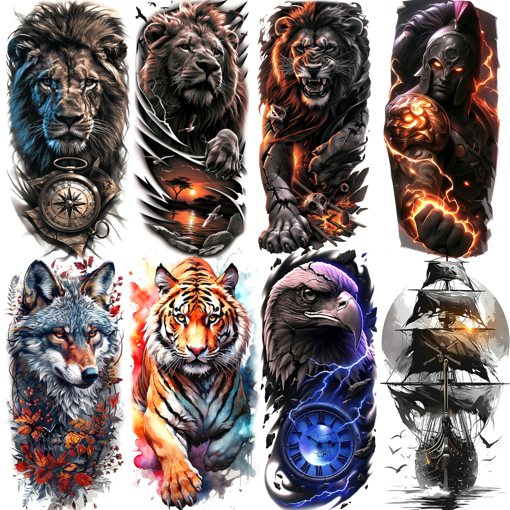8 Sheets Lion Tiger Ship Temporary Tattoos For Women Men Adults Hands Finger Foot Neck Clavicle Shank Arm Body Art Makeup, Semi Permanent Temp Fake Tattoo Stickers Waterproof Long Lasting Realistic Tatoos For Festival Party Accessory