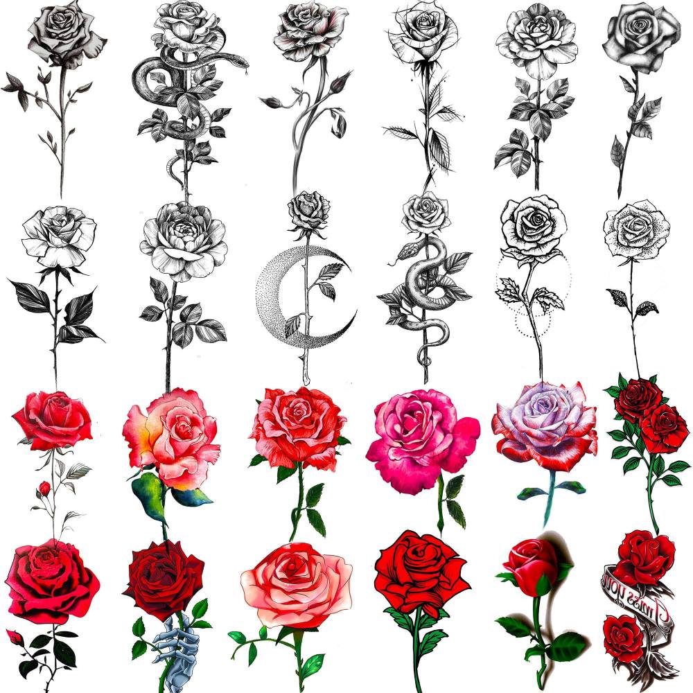 24 Sheets Small Rose Temporary Tattoos For Women Men Adults Kids Hands Finger Foot Neck Clavicle Shank Arm Body Art Makeup, Semi Permanent Temp Fake Tattoo Stickers Waterproof Long Lasting Realistic Tatoos For Festival Party Accessory