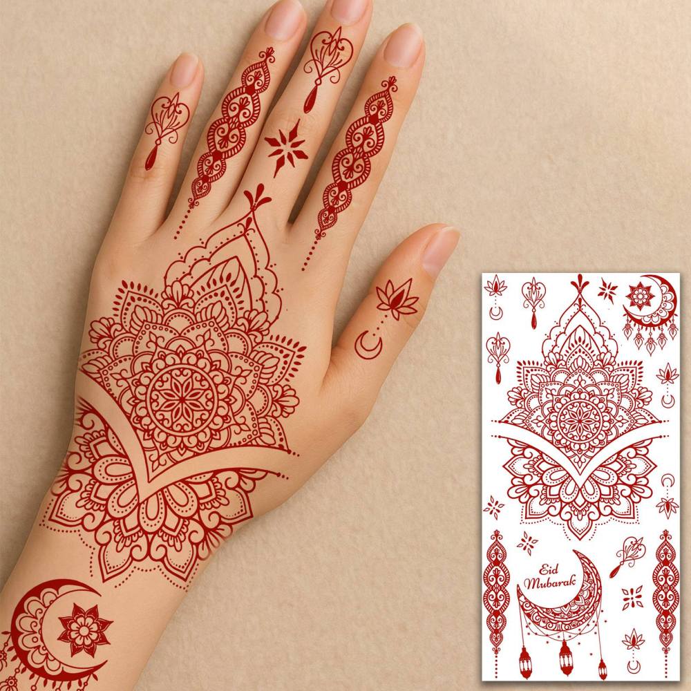 1 Sheet Henna Mandala Ramadan Mubarak Kareem Red Brown Temporary Tattoos For Women Men Adults Hands Foot Neck Forearm Arm Body Art Makeup, Semi Permanent Temp Fake Tattoo Stickers Waterproof Long Lasting Realistic Tatoos For Festival Party Accessory