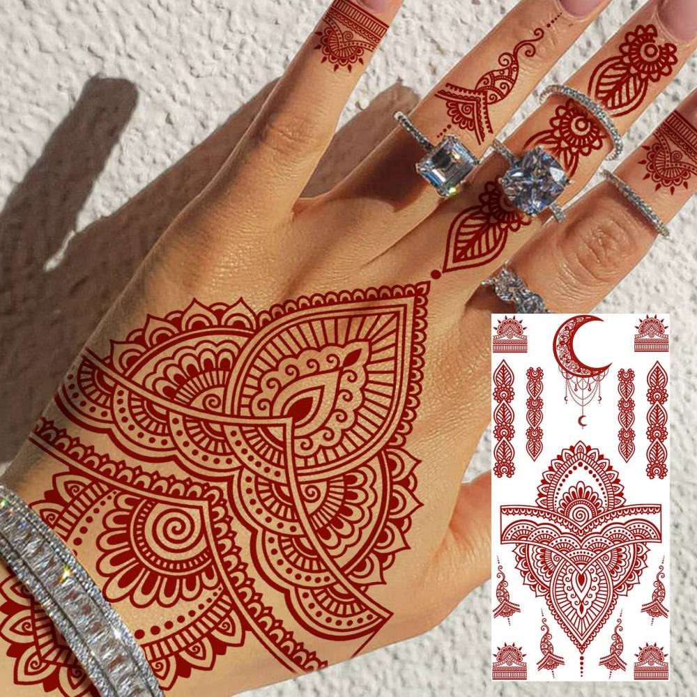 1 Sheet Henna Mandala Ramadan Mubarak Kareem Red Brown Temporary Tattoos For Women Men Adults Hands Foot Neck Forearm Arm Body Art Makeup, Semi Permanent Temp Fake Tattoo Stickers Waterproof Long Lasting Realistic Tatoos For Festival Party Accessory