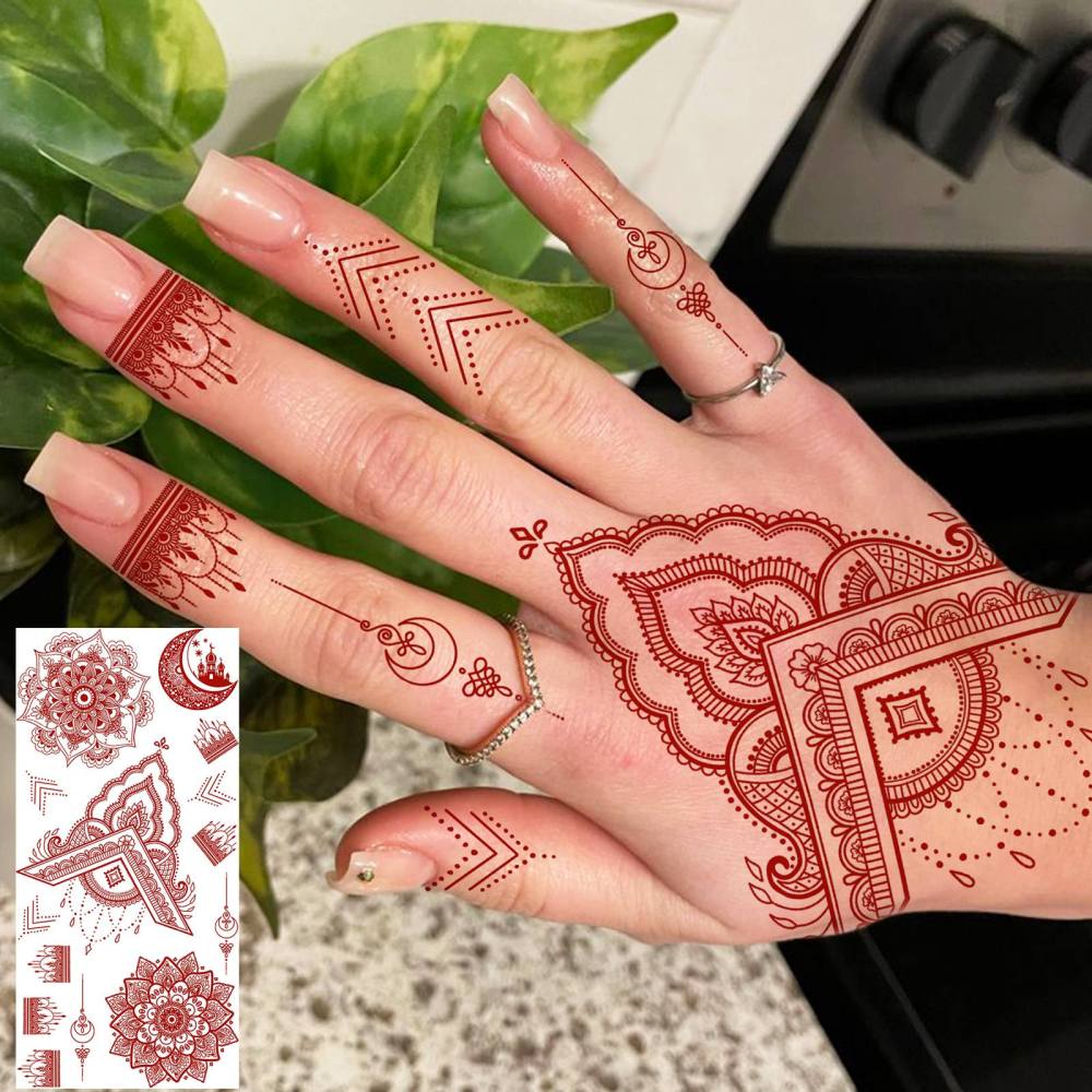 1 Sheet Henna Mandala Ramadan Mubarak Kareem Red Brown Temporary Tattoos For Women Men Adults Hands Foot Neck Forearm Arm Body Art Makeup, Semi Permanent Temp Fake Tattoo Stickers Waterproof Long Lasting Realistic Tatoos For Festival Party Accessory