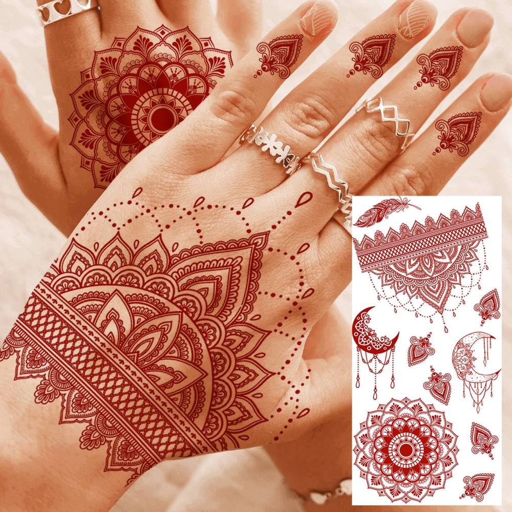 1 Sheet Henna Mandala Ramadan Mubarak Kareem Red Brown Temporary Tattoos For Women Men Adults Hands Foot Neck Forearm Arm Body Art Makeup, Semi Permanent Temp Fake Tattoo Stickers Waterproof Long Lasting Realistic Tatoos For Festival Party Accessory