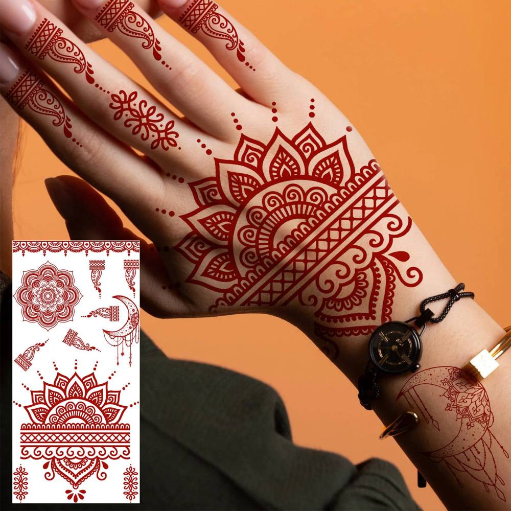 1 Sheet Henna Mandala Ramadan Mubarak Kareem Red Brown Temporary Tattoos For Women Men Adults Hands Foot Neck Forearm Arm Body Art Makeup, Semi Permanent Temp Fake Tattoo Stickers Waterproof Long Lasting Realistic Tatoos For Festival Party Accessory
