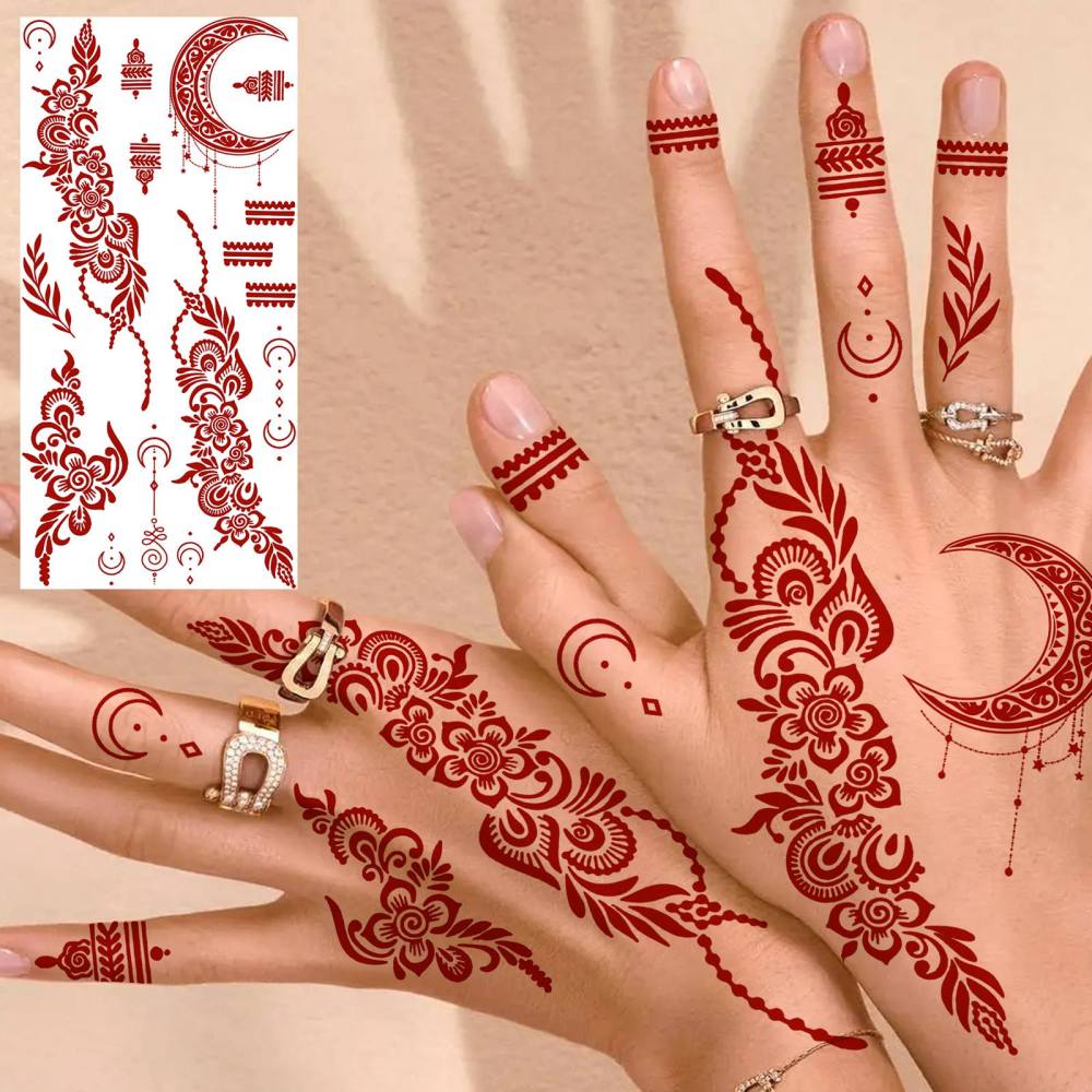 1 Sheet Indian Henna Mandala Ramadan Mubarak Kareem Red Brown Temporary Tattoos For Women Men Adults Hands Foot Forearm Arm Body Art Makeup, Semi Permanent Temp Fake Tattoo Stickers Waterproof Long Lasting Realistic Tatoos For Festival Party Accessory
