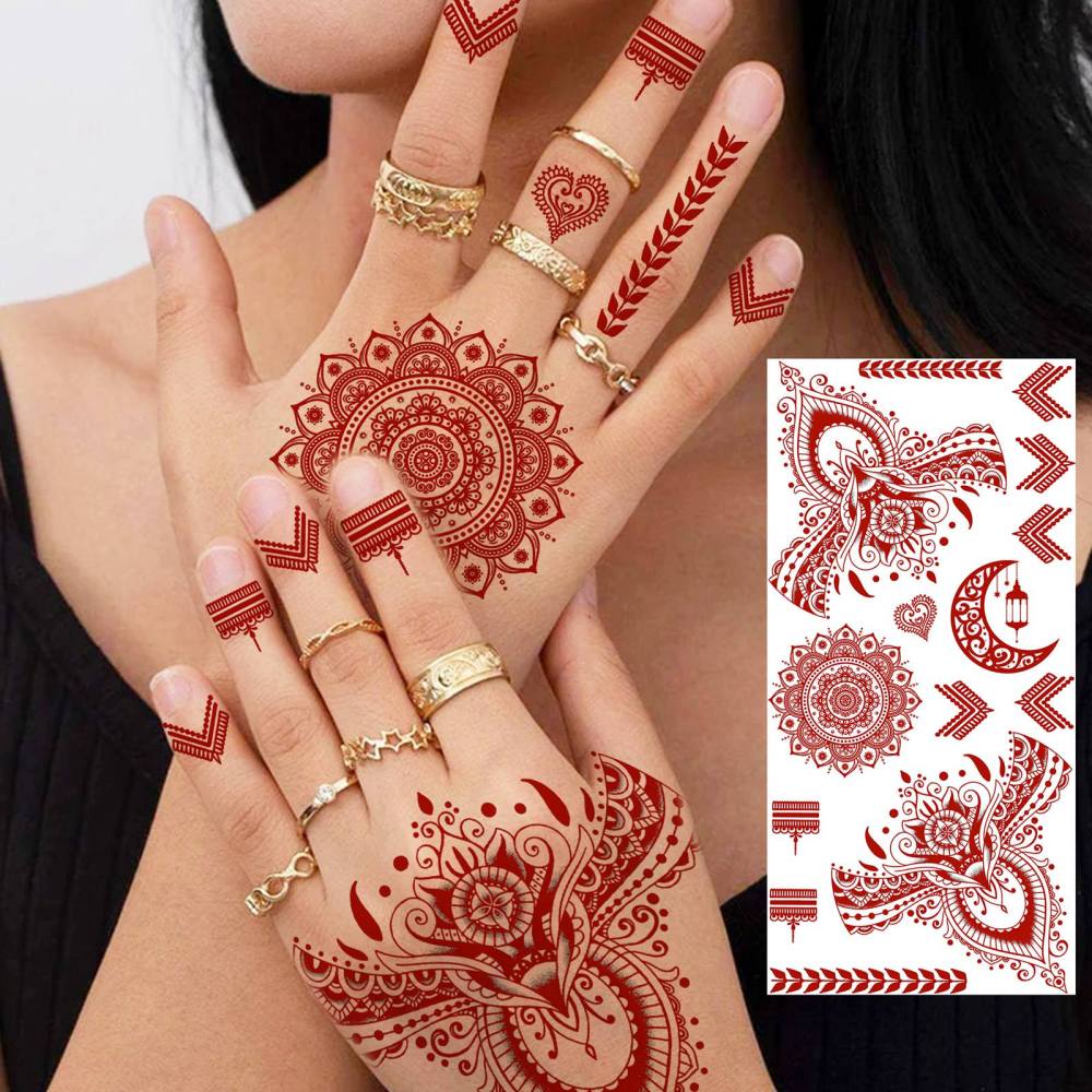 1 Sheet Indian Henna Mandala Ramadan Mubarak Kareem Red Brown Temporary Tattoos For Women Men Adults Hands Foot Forearm Arm Body Art Makeup, Semi Permanent Temp Fake Tattoo Stickers Waterproof Long Lasting Realistic Tatoos For Festival Party Accessory