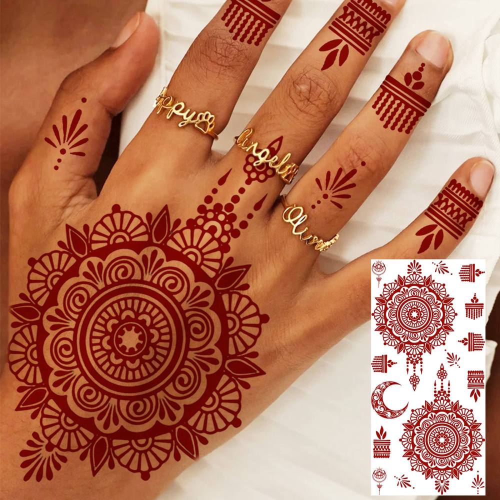 1 Sheet Indian Henna Mandala Ramadan Mubarak Kareem Red Brown Temporary Tattoos For Women Men Adults Hands Foot Forearm Arm Body Art Makeup, Semi Permanent Temp Fake Tattoo Stickers Waterproof Long Lasting Realistic Tatoos For Festival Party Accessory