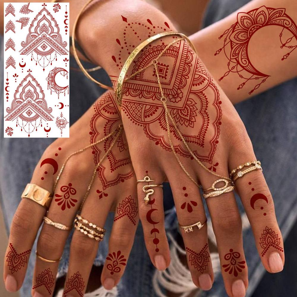 1 Sheet Indian Henna Mandala Ramadan Mubarak Kareem Red Brown Temporary Tattoos For Women Men Adults Hands Foot Forearm Arm Body Art Makeup, Semi Permanent Temp Fake Tattoo Stickers Waterproof Long Lasting Realistic Tatoos For Festival Party Accessory