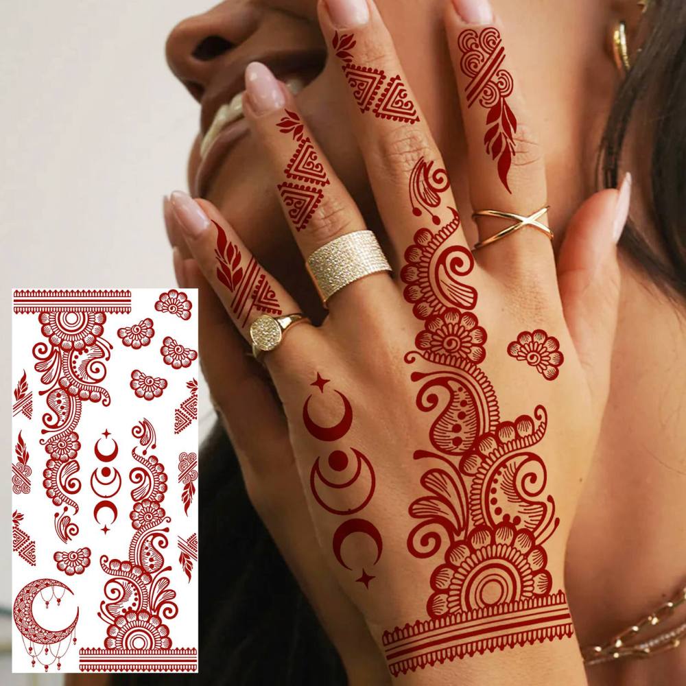 1 Sheet Indian Henna Mandala Ramadan Mubarak Kareem Red Brown Temporary Tattoos For Women Men Adults Hands Foot Forearm Arm Body Art Makeup, Semi Permanent Temp Fake Tattoo Stickers Waterproof Long Lasting Realistic Tatoos For Festival Party Accessory