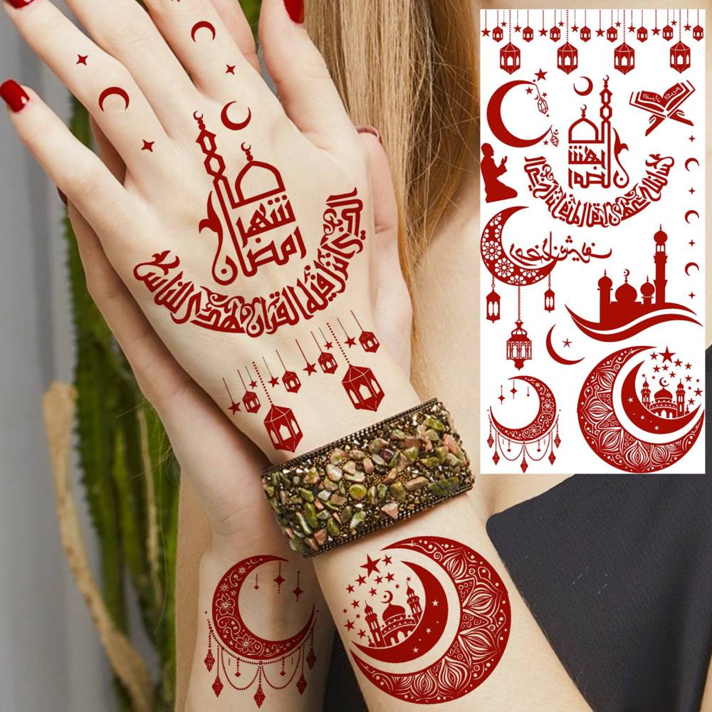 1 Sheet Indian Henna Mandala Ramadan Mubarak Kareem Red Brown Temporary Tattoos For Women Adults Lace Hands Foot Forearm Arm Body Art Makeup, Semi Permanent Temp Fake Tattoo Stickers Waterproof Fake Jewelry Tatoos For Festival Party Accessory