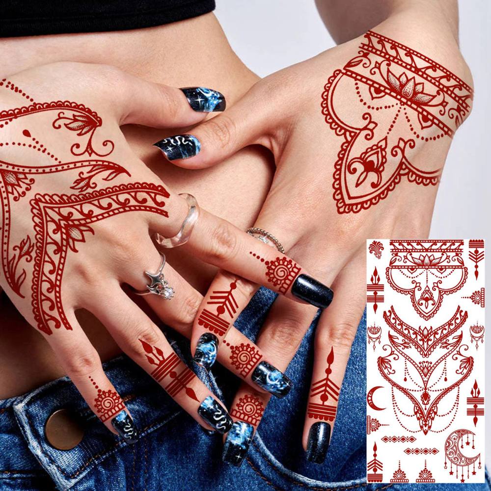 1 Sheet Indian Henna Mandala Ramadan Mubarak Kareem Red Brown Temporary Tattoos For Women Adults Lace Hands Foot Forearm Arm Body Art Makeup, Semi Permanent Temp Fake Tattoo Stickers Waterproof Fake Jewelry Tatoos For Festival Party Accessory