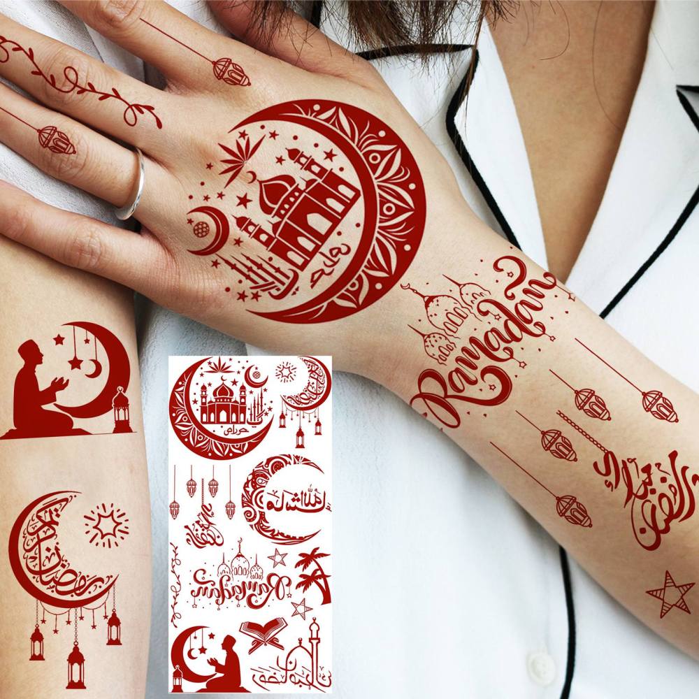 1 Sheet Moon Mandala Ramadan Mubarak Kareem Red Brown Temporary Tattoos For Women Adults Lace Hands Foot Forearm Arm Body Art Makeup, Semi Permanent Temp Fake Tattoo Stickers Waterproof Fake Jewelry Tatoos For Festival Party Accessory