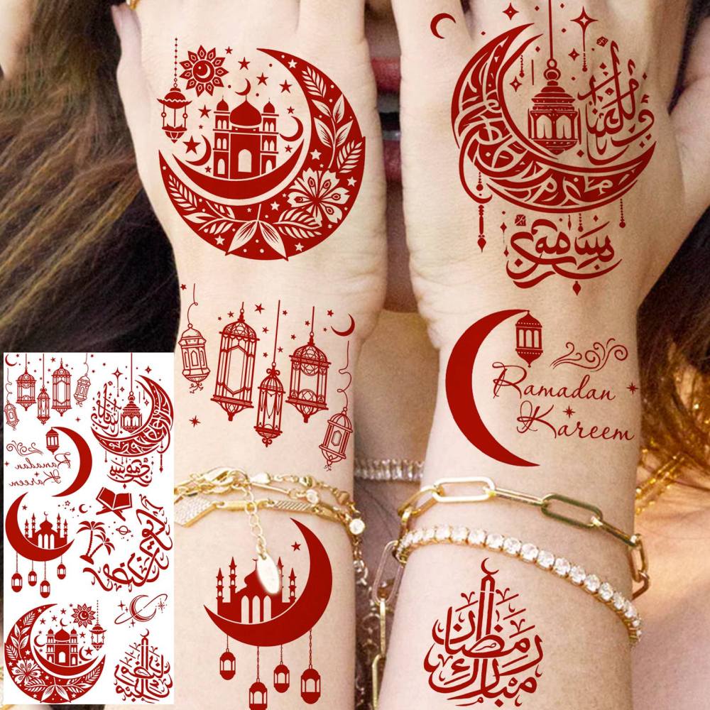 1 Sheet Moon Ramadan Mubarak Kareem Red Brown Temporary Tattoos For Women Adults Lace Hands Foot Forearm Arm Body Art Makeup, Semi Permanent Temp Fake Tattoo Stickers Waterproof Fake Jewelry Tatoos For Festival Party Accessory