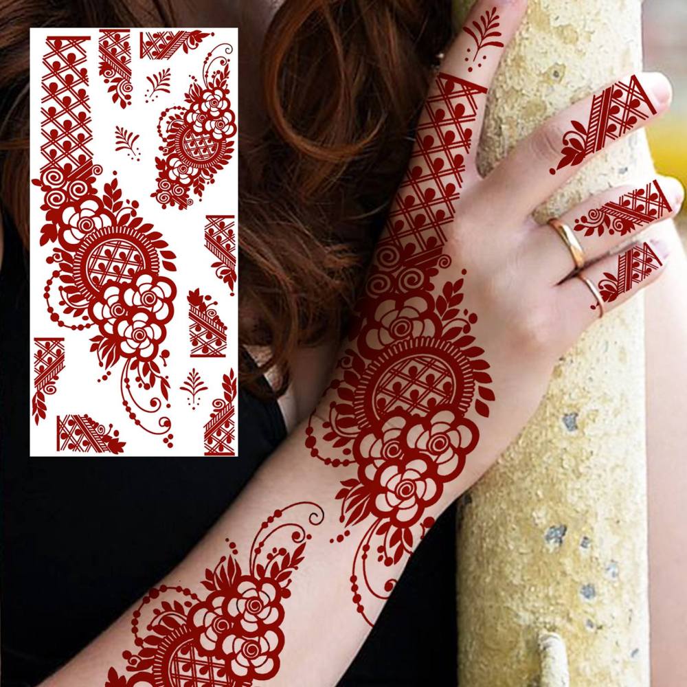 1 Sheet Henna Ramadan Mubarak Kareem Red Brown Temporary Tattoos For Women Adults Lace Hands Foot Forearm Arm Body Art Makeup, Semi Permanent Temp Fake Tattoo Stickers Waterproof Fake Jewelry Tatoos For Festival Party Accessory