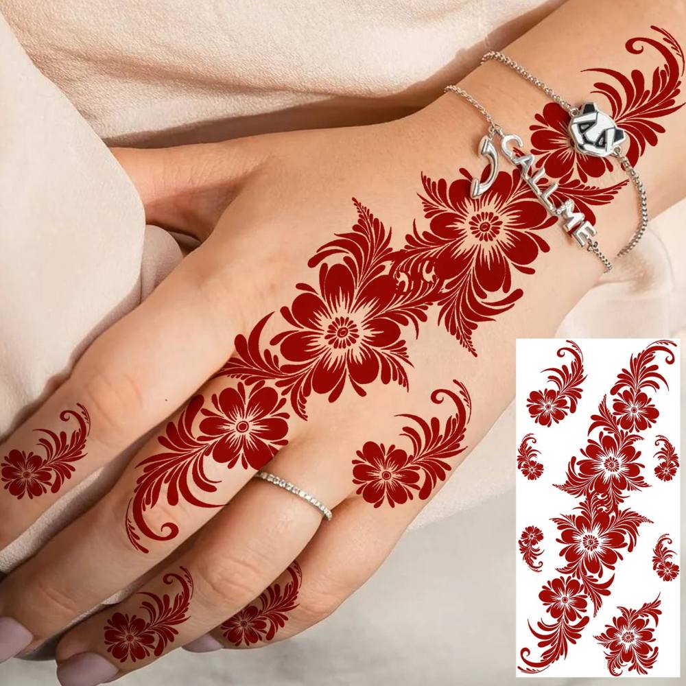 1 Sheet Henna Ramadan Mubarak Kareem Red Brown Temporary Tattoos For Women Adults Lace Hands Foot Forearm Arm Body Art Makeup, Semi Permanent Temp Fake Tattoo Stickers Waterproof Fake Jewelry Tatoos For Festival Party Accessory