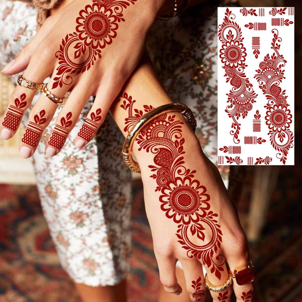 1 Sheet Henna Ramadan Mubarak Kareem Red Brown Temporary Tattoos For Women Adults Lace Hands Foot Forearm Arm Body Art Makeup, Semi Permanent Temp Fake Tattoo Stickers Waterproof Fake Jewelry Tatoos For Festival Party Accessory