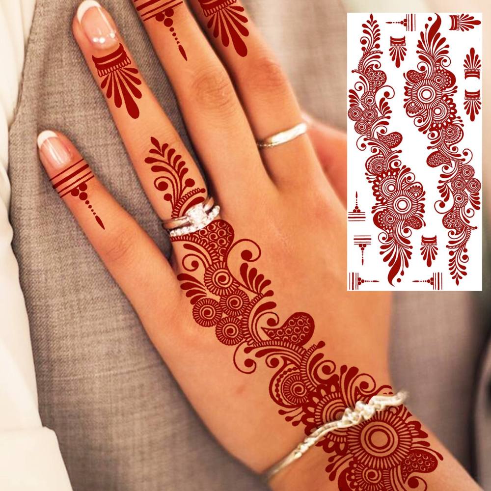 1 Sheet Henna Ramadan Mubarak Kareem Red Brown Temporary Tattoos For Women Adults Lace Hands Foot Forearm Arm Body Art Makeup, Semi Permanent Temp Fake Tattoo Stickers Waterproof Fake Jewelry Tatoos For Festival Party Accessory