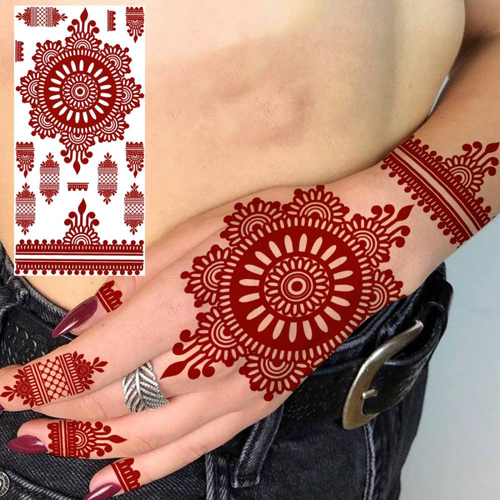 1 Sheet Henna Mandala Ramadan Mubarak Kareem Red Brown Temporary Tattoos For Women Adults Lace Hands Foot Forearm Arm Body Art Makeup, Semi Permanent Temp Fake Tattoo Stickers Waterproof Fake Jewelry Tatoos For Festival Party Accessory
