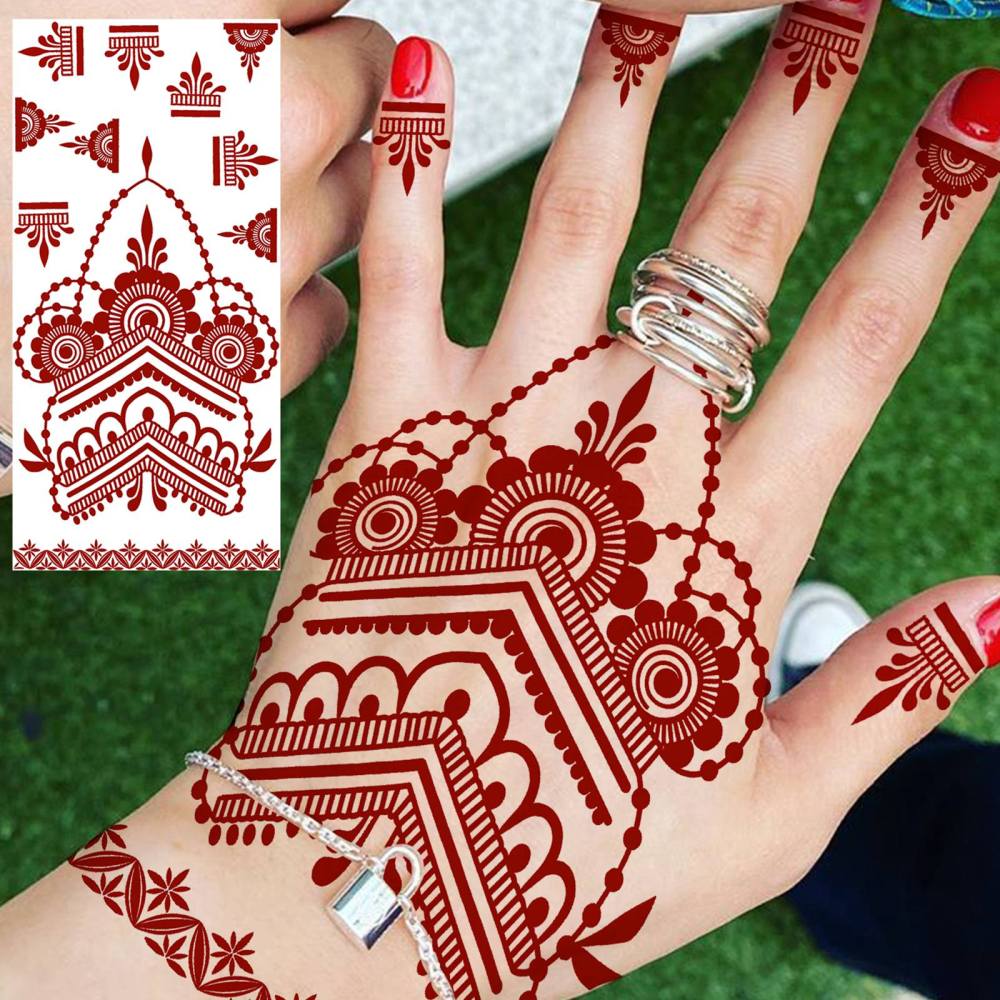 1 Sheet Henna Mandala Ramadan Mubarak Kareem Red Brown Temporary Tattoos For Women Adults Lace Hands Foot Forearm Arm Body Art Makeup, Semi Permanent Temp Fake Tattoo Stickers Waterproof Fake Jewelry Tatoos For Festival Party Accessory
