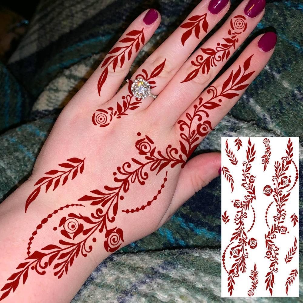 1 Sheet Henna Mandala Ramadan Mubarak Kareem Red Brown Temporary Tattoos For Women Adults Lace Hands Foot Forearm Arm Body Art Makeup, Semi Permanent Temp Fake Tattoo Stickers Waterproof Fake Jewelry Tatoos For Festival Party Accessory