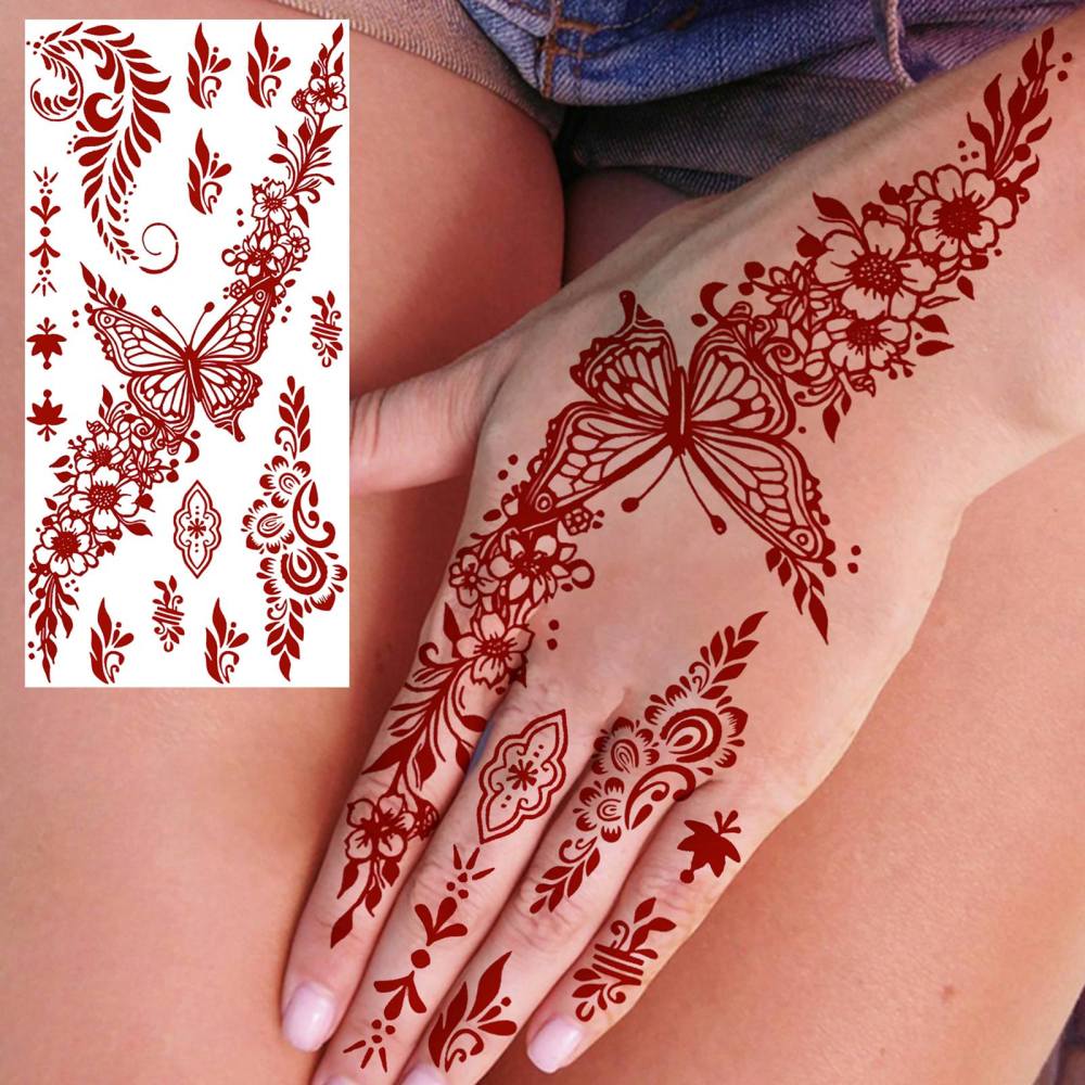 1 Sheet Henna Mandala Ramadan Mubarak Kareem Red Brown Temporary Tattoos For Women Adults Lace Hands Foot Forearm Arm Body Art Makeup, Semi Permanent Temp Fake Tattoo Stickers Waterproof Fake Jewelry Tatoos For Festival Party Accessory