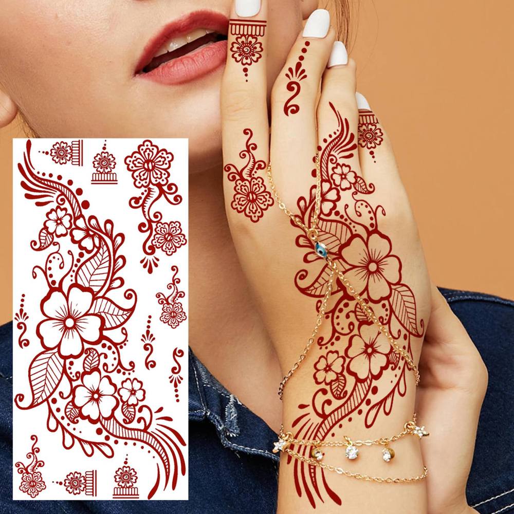1 Sheet Henna Mandala Ramadan Mubarak Kareem Red Brown Temporary Tattoos For Women Adults Lace Hands Foot Forearm Arm Body Art Makeup, Semi Permanent Temp Fake Tattoo Stickers Waterproof Fake Jewelry Tatoos For Festival Party Accessory