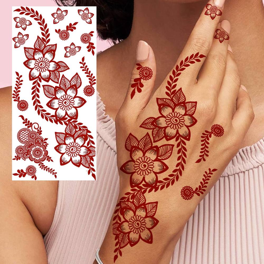 1 Sheet Henna Mandala Ramadan Mubarak Kareem Red Brown Temporary Tattoos For Women Adults Lace Hands Foot Forearm Arm Body Art Makeup, Semi Permanent Temp Fake Tattoo Stickers Waterproof Fake Jewelry Tatoos For Festival Party Accessory
